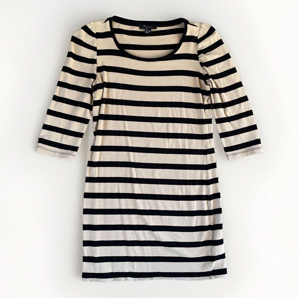 Forever 21‎ Mini Dress L Black Cream Marinière Stripes Bodycon Puffy 3/4 Sleeves